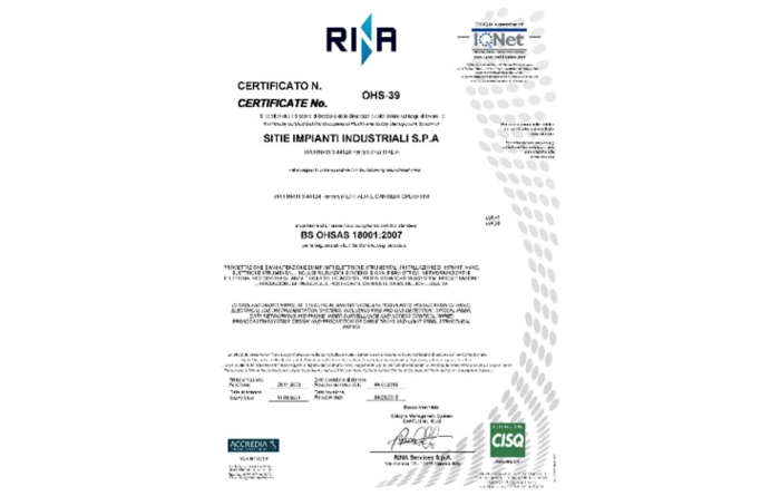 Certificato ISO 18001:2007 RINA