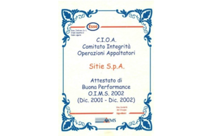 Attestato di Buona Performance O.I.M.S. 2002