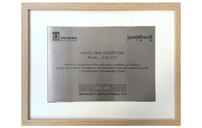 Premio buona performance di Sicurezza nel progetto C4 Isomerization Debottlenecking Botlek, Olanda