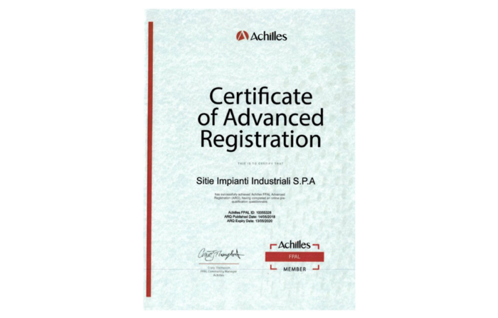 SITIE riceve il Certificate of Advance Registration da Achilles-FPAL
